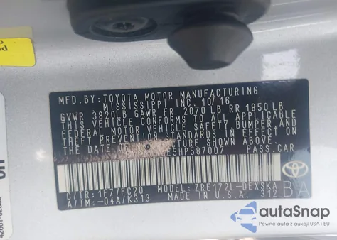 2017 Toyota Corolla Se из США, поврежденный, VIN 5YFBURHE5HP587007